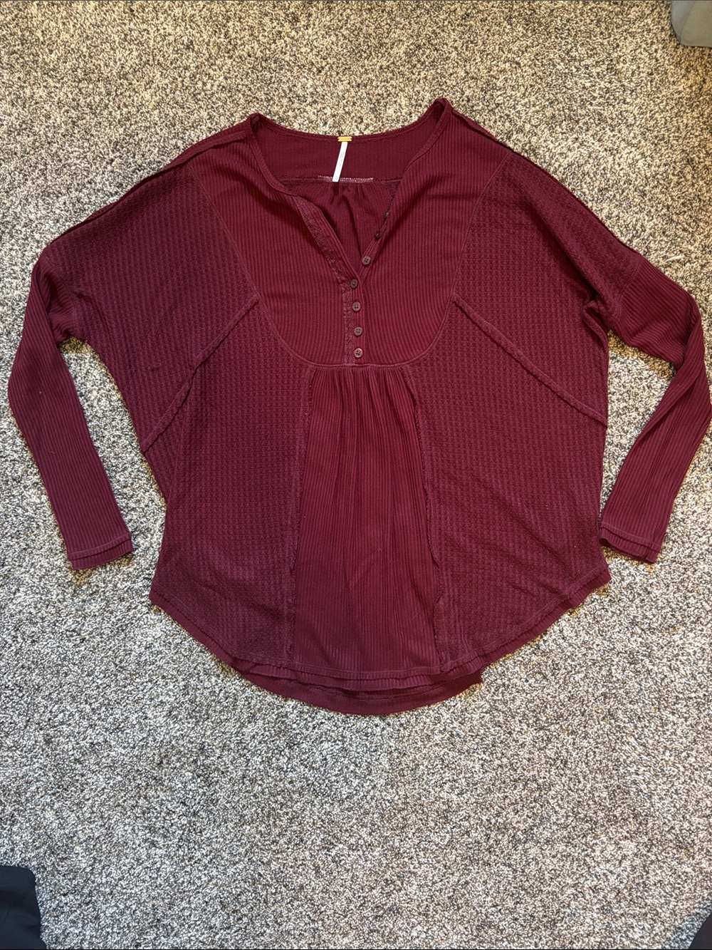 Free People Burgundy Ribbed Henley Long Sleeve Top